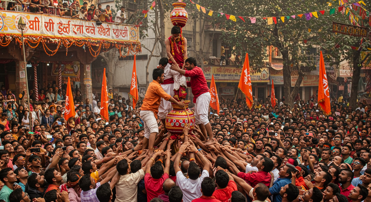 インドのジャンマシュタミ祭りでの人間ピラミッド
