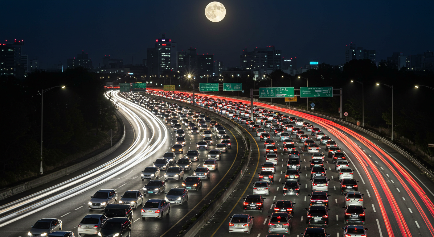 秋夕の帰省ラッシュで混雑する高速道路