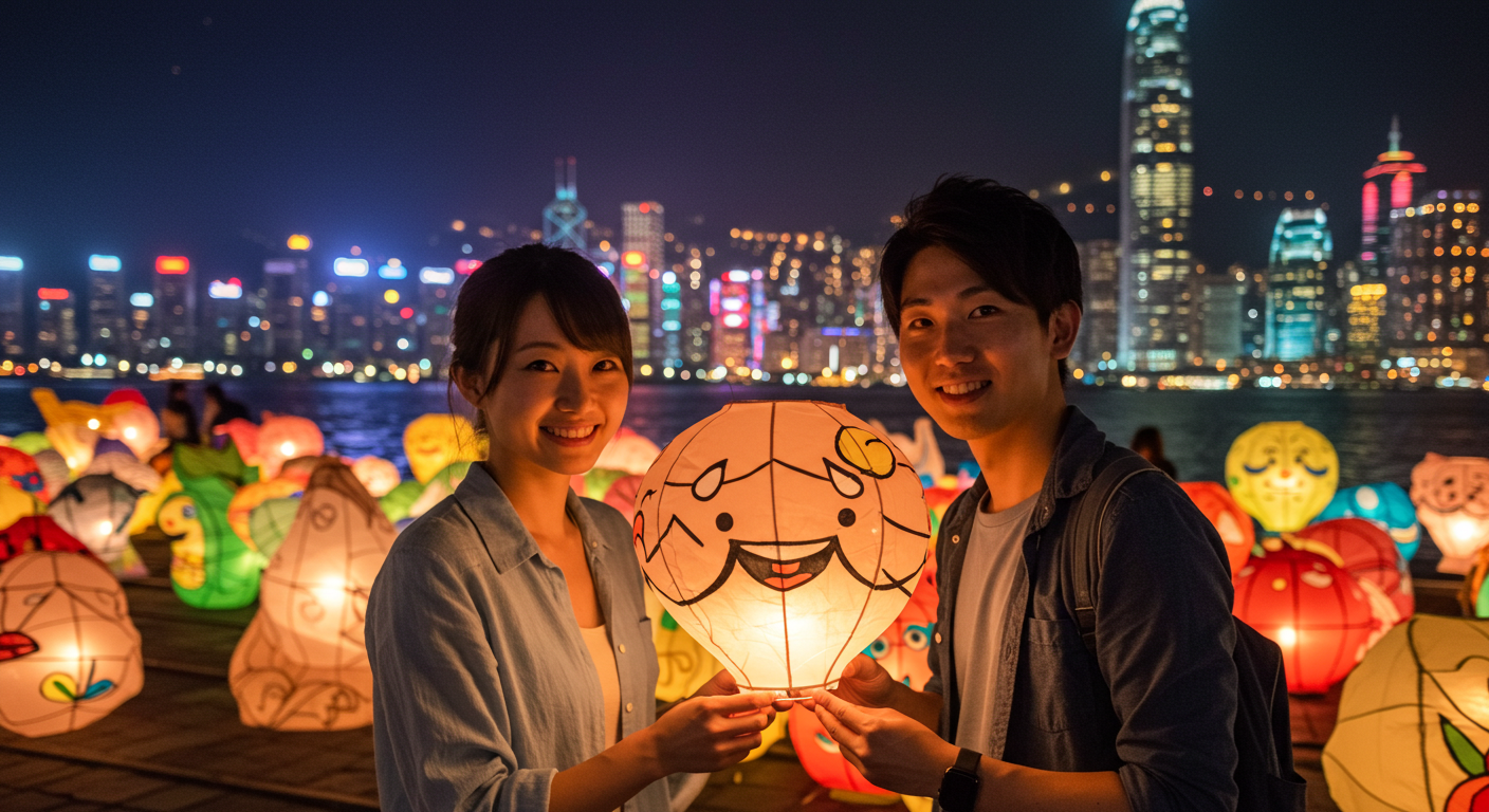 夜の香港・ビクトリアパークで伝統的な光るランタン