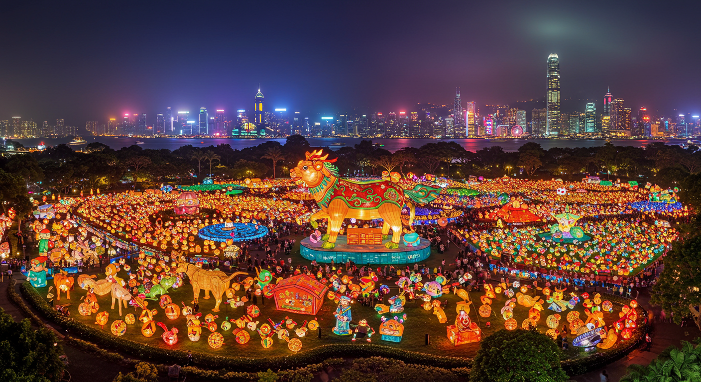 香港・ビクトリアパークで中秋節の夜のランタン風景