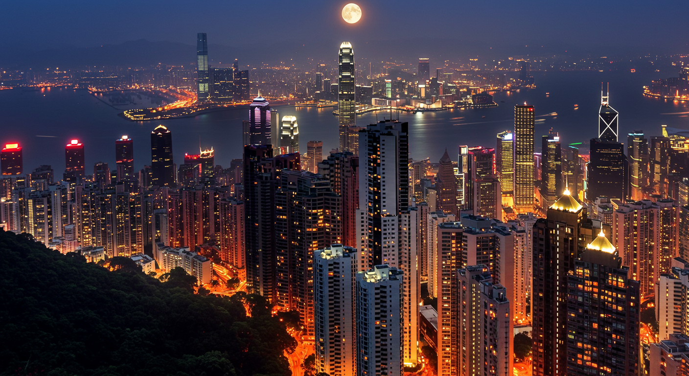 香港の夜景の美しい空撮写真