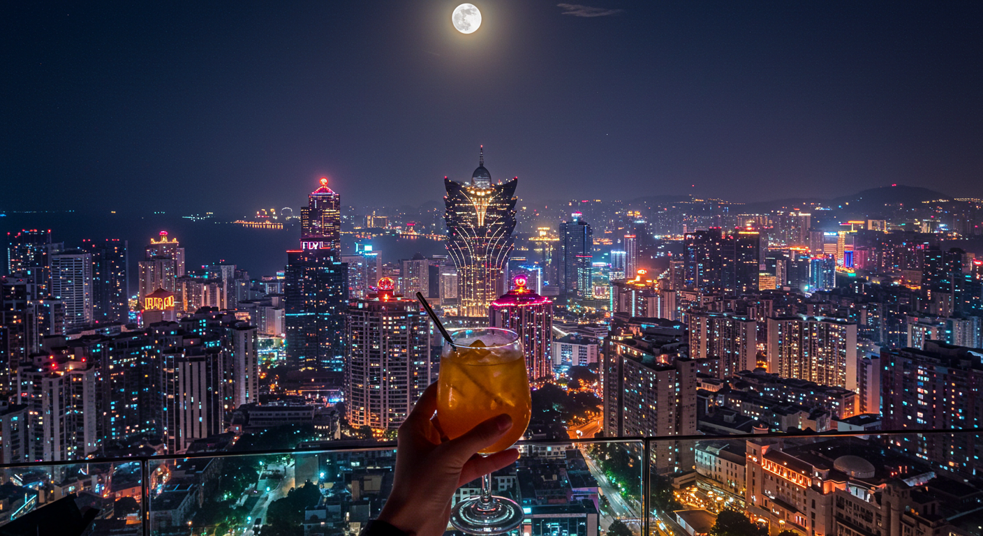 マカオタワーのバーから見下ろす夜景と満月