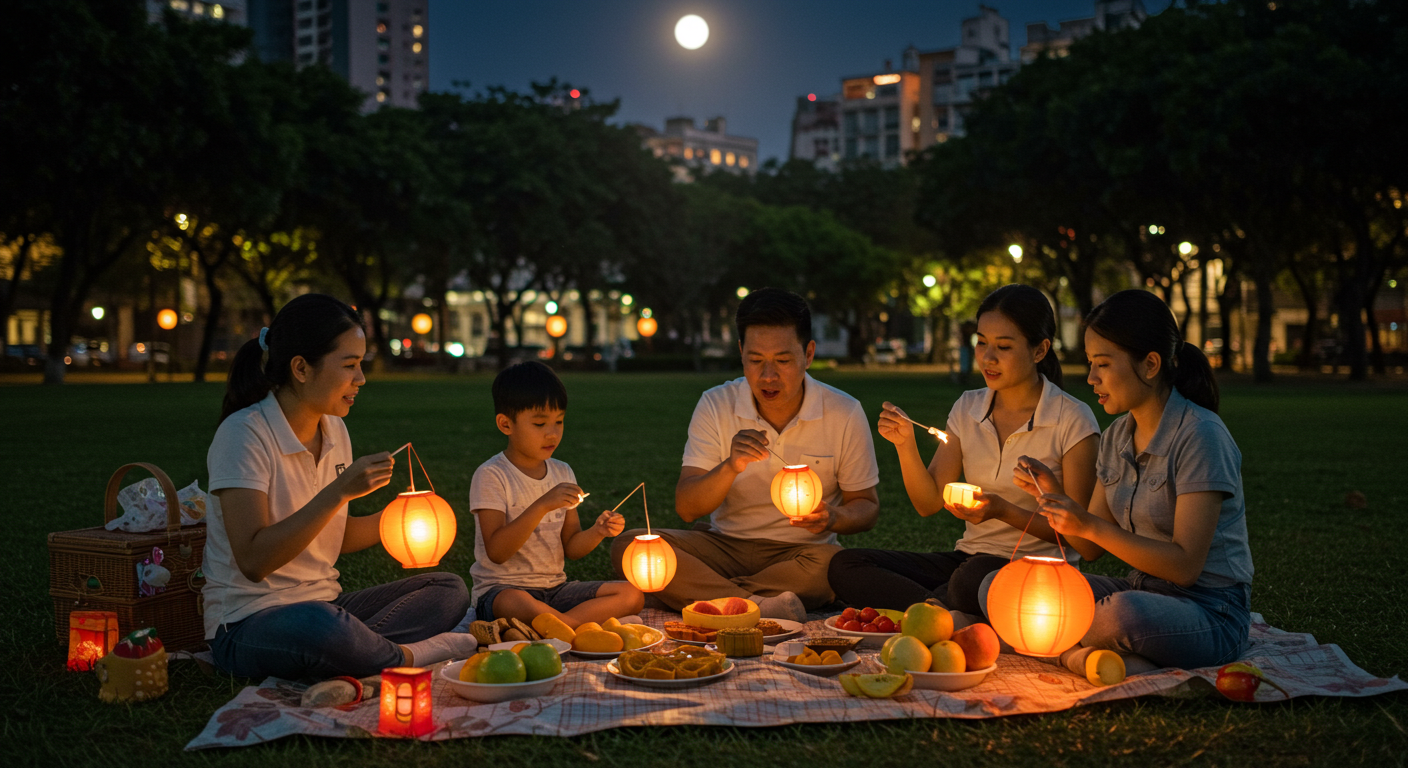 中秋節の夜に公園で団欒するマカオの家族