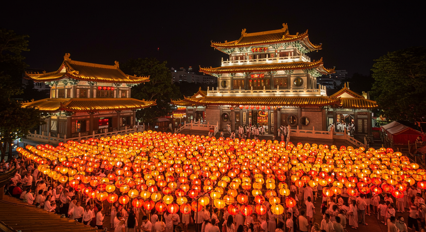 九皇帝祭の夜、幻想的な提灯が輝く寺院