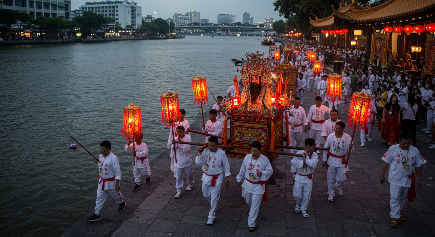 九皇帝祭初日に川べりで行われる「お迎えの儀式」