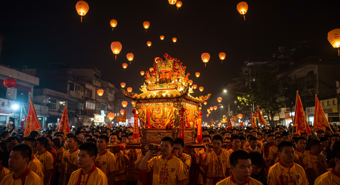 九皇帝祭の最終日に街を練り歩く夜のパレード