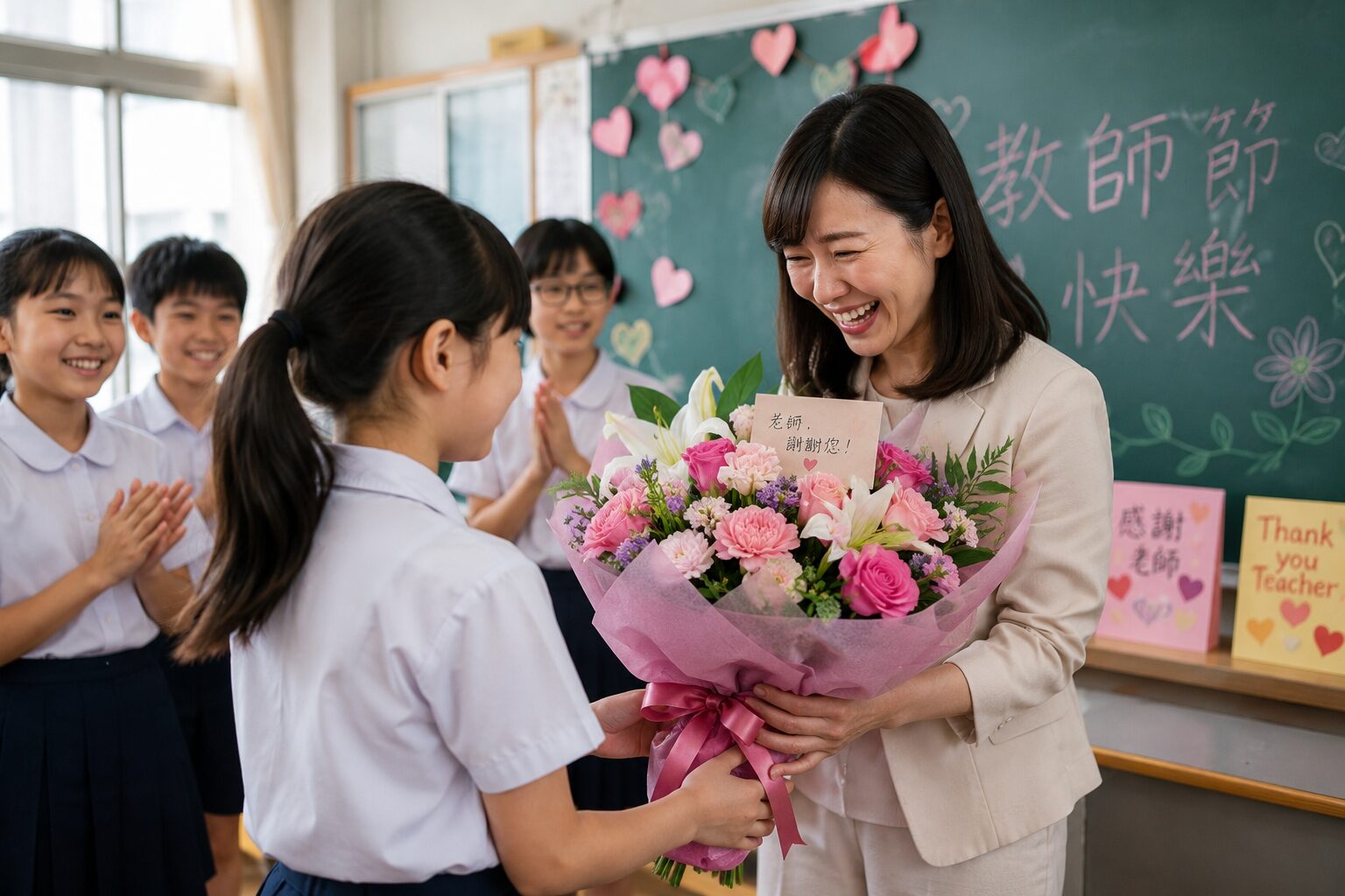 教師節の日、先生へ感謝の気持ちを伝える生徒