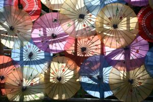 A vibrant display of traditional Asian parasols with floral designs in Taipei, Taiwan.