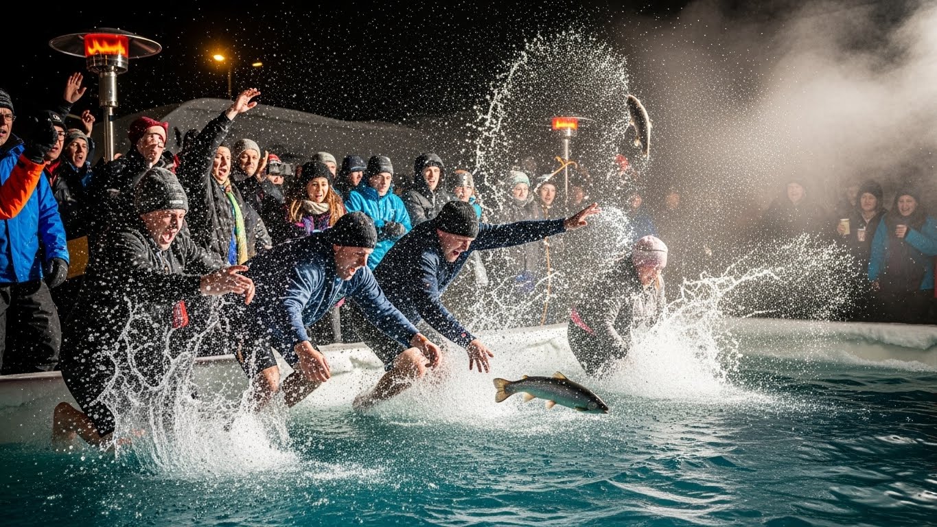 氷点下の冷水プールに飛び込み、素手で魚を捕まえようとする人々
