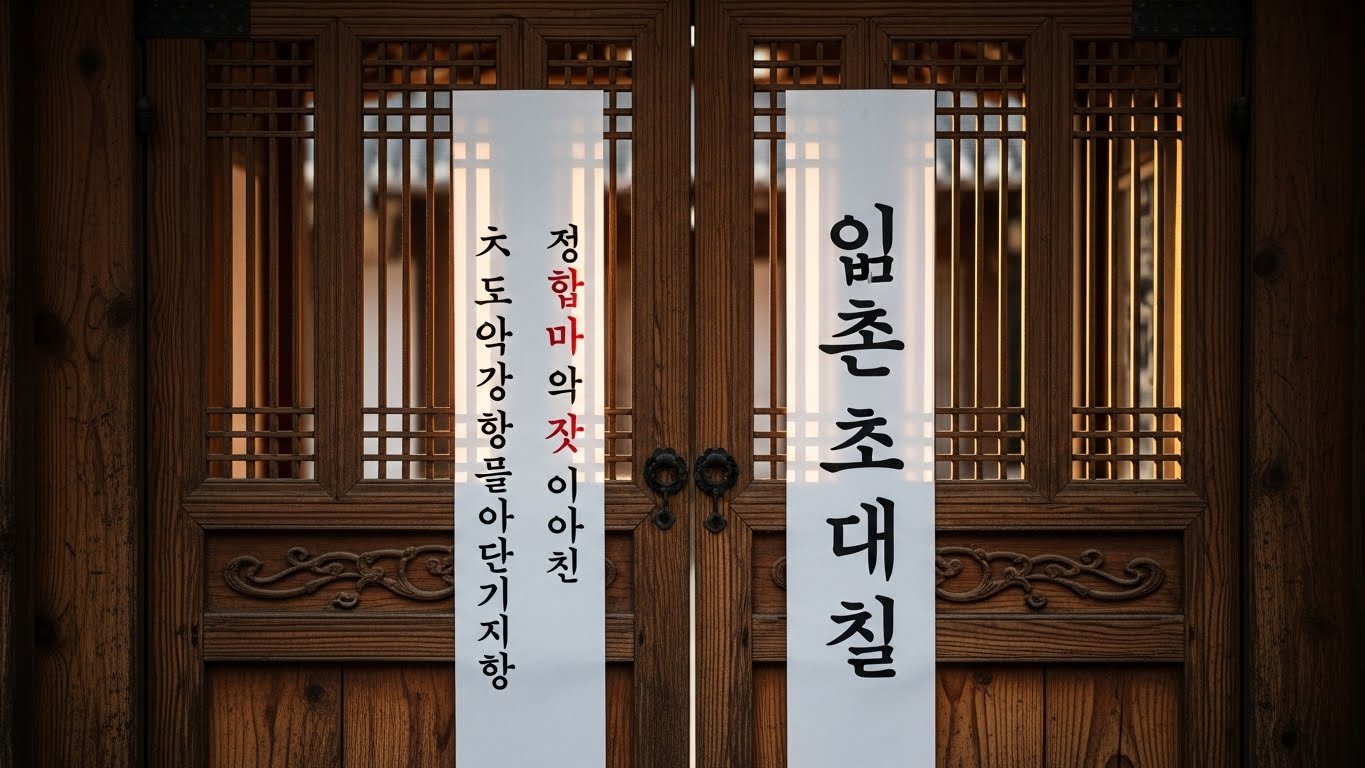 韓国の立春の象徴：韓屋の門と立春帖