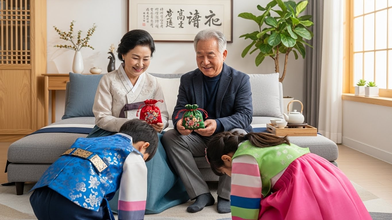 韓服姿の子供たちが、祖父母にする新年の挨拶「歳拝」（セベ）