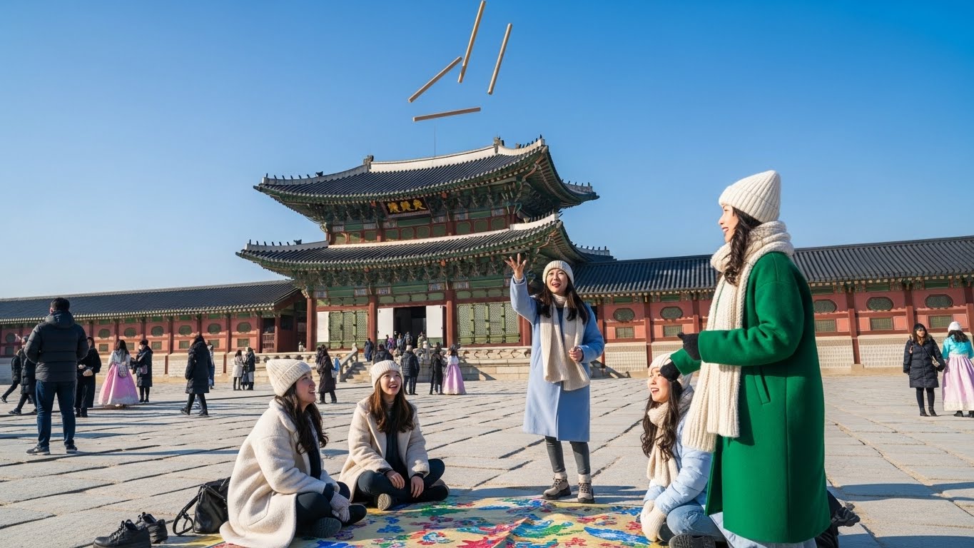 景福宮の広場で伝統遊び「ユンノリ」に興じる女性たち