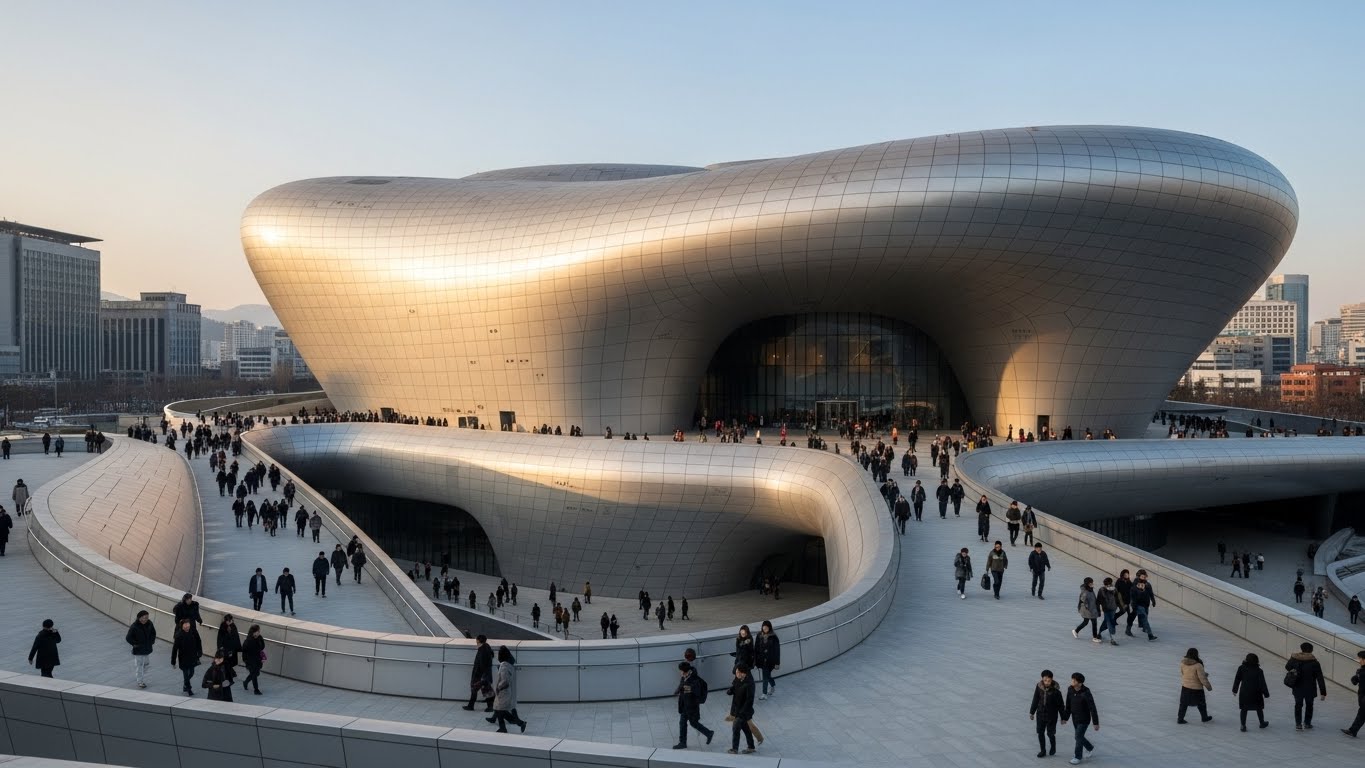 ザハ・ハディッド設計による東大門デザインプラザ（DDP）のワイドショット