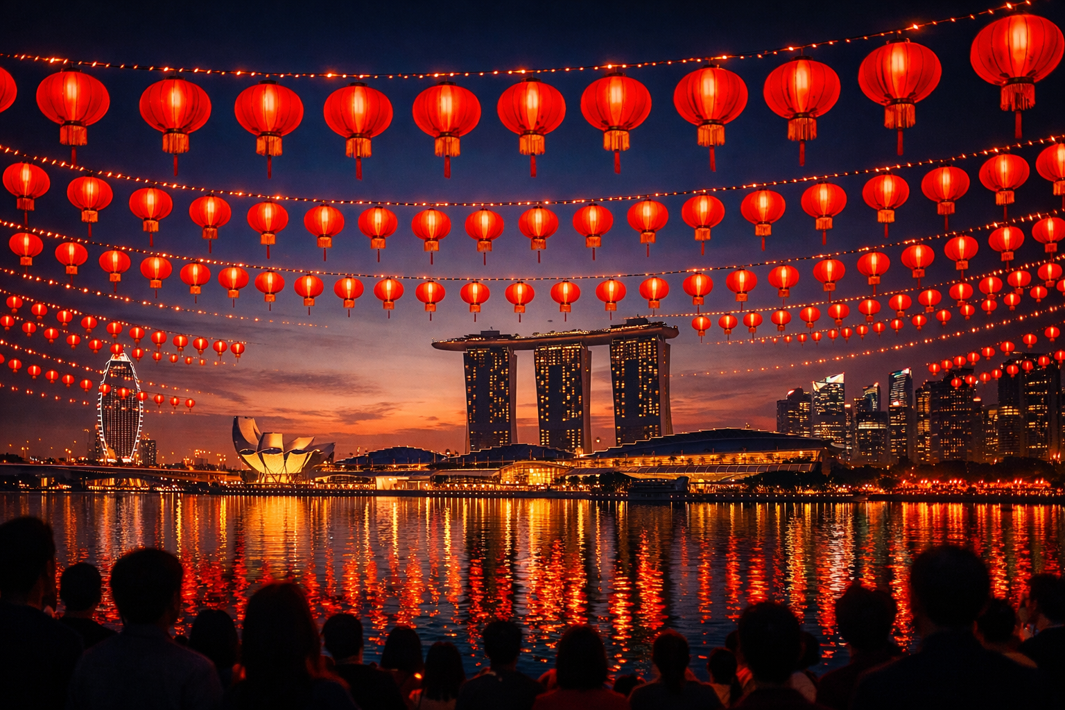 春節時の夕暮れ時のマリーナ・ベイ・サンズ