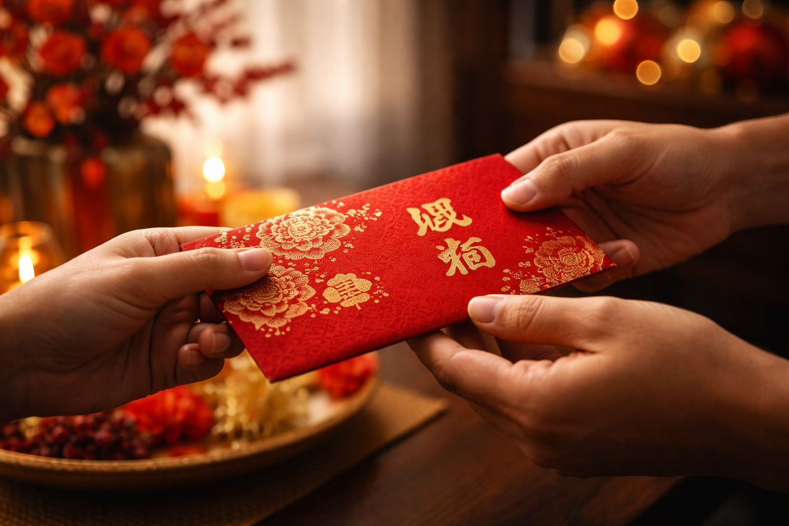 赤と金の装飾が施されたアンパオ（紅包）