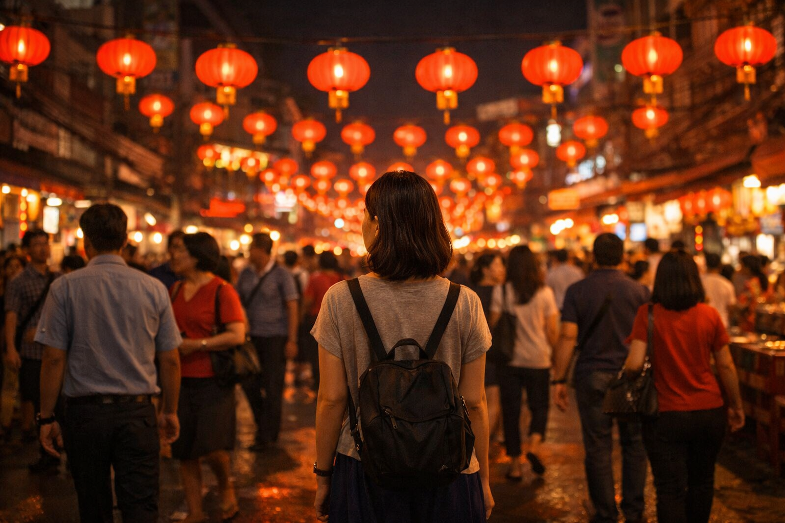 無数の赤い提灯が連なる夜のバンコク・ヤワラート