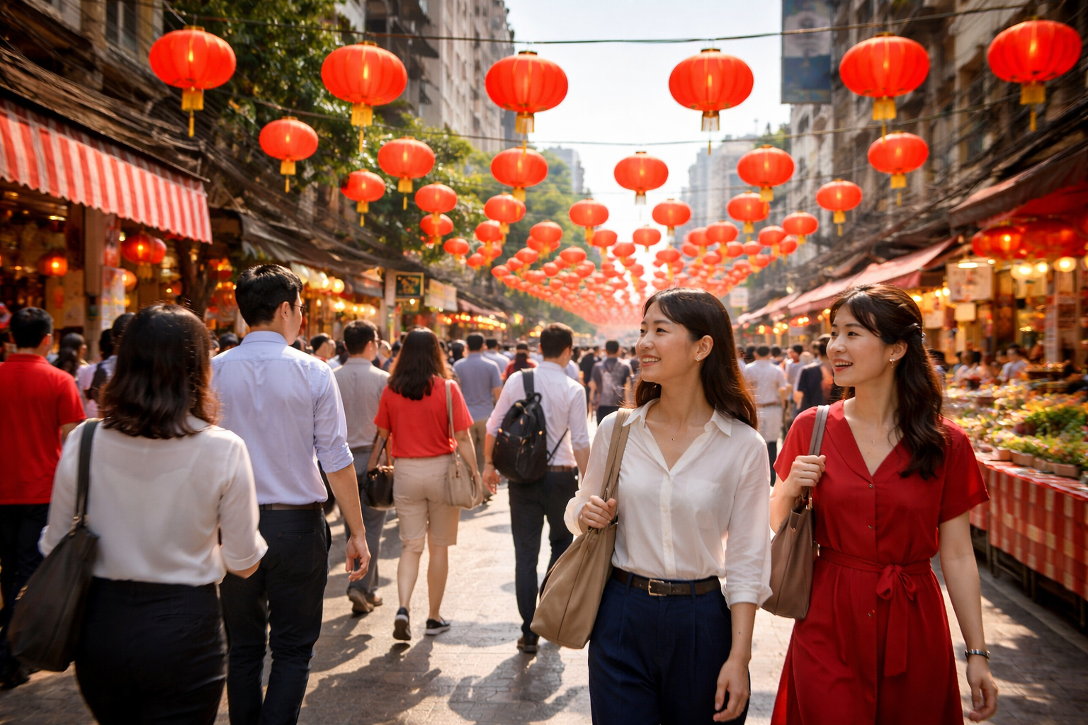 赤い春節装飾が施された昼間のバンコク市街