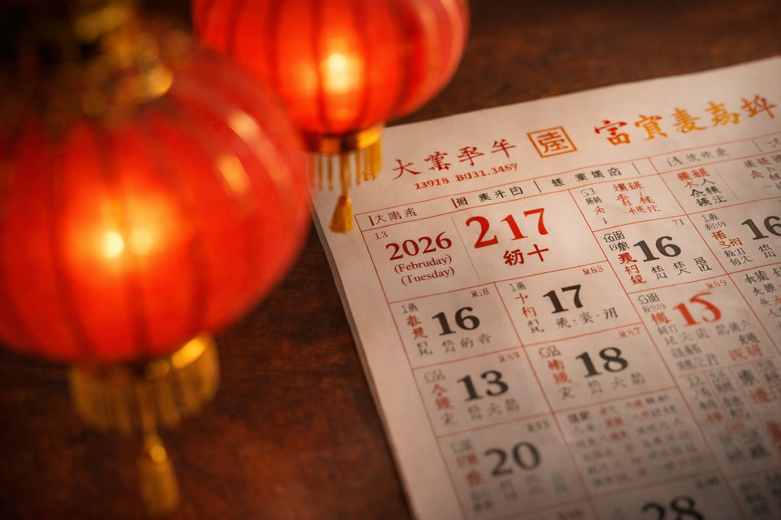 春節の日程がある中国暦のカレンダーと赤い提灯