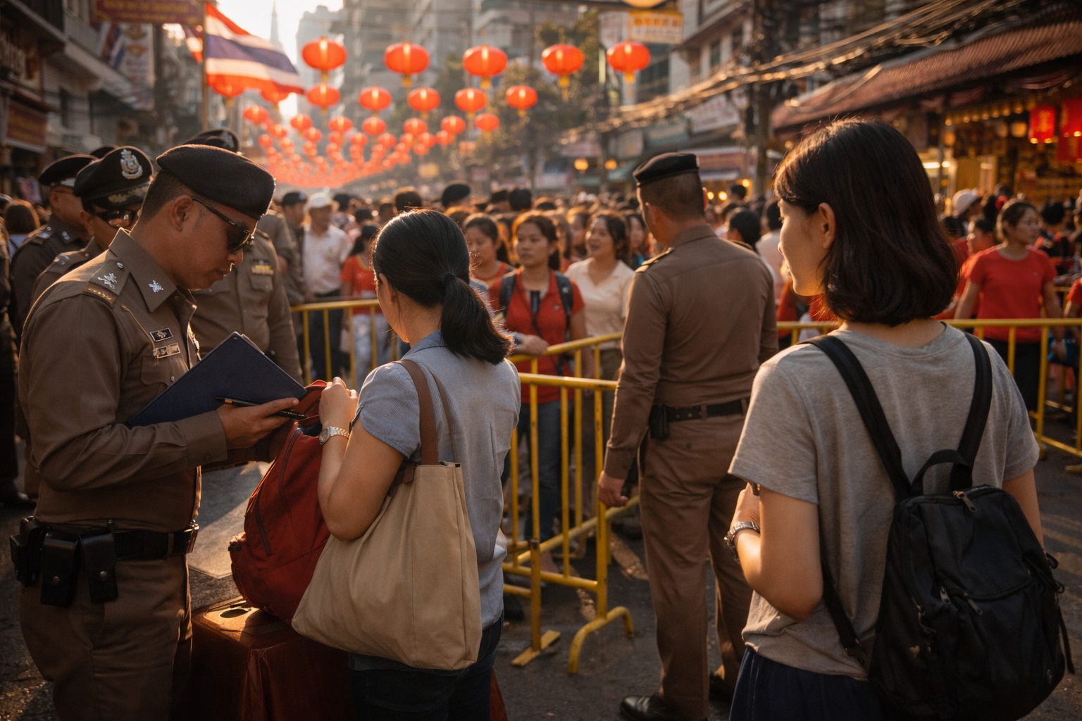 春節の日、チャイナタウンの警備チェックポイント