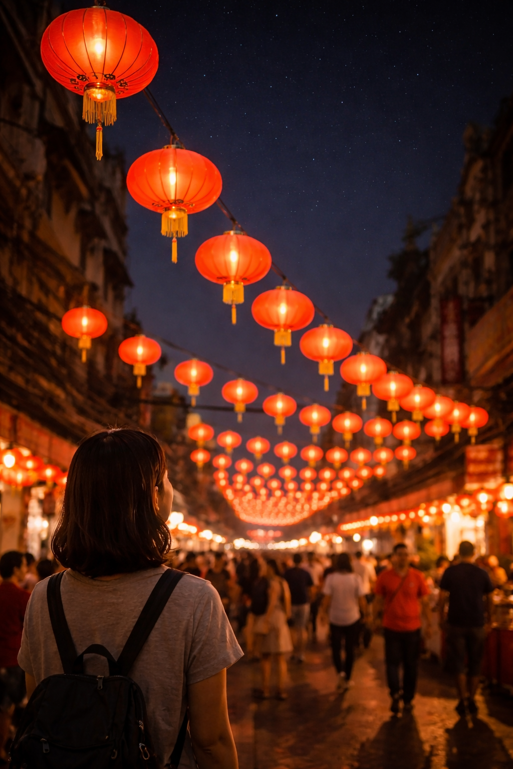 夜空に向かって連なる赤い提灯