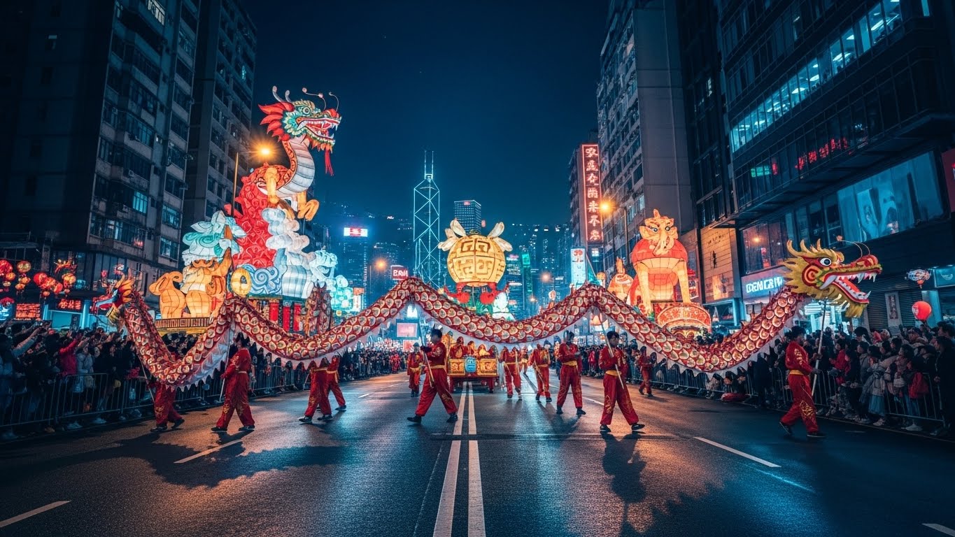 香港の尖沙咀で行われる春節のナイトパレード