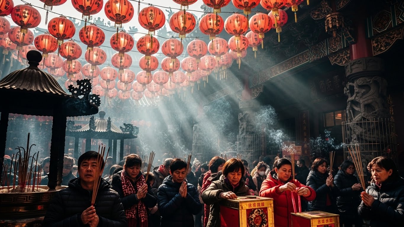 黄大仙祠（ウォンタイシン）で初詣をする人々