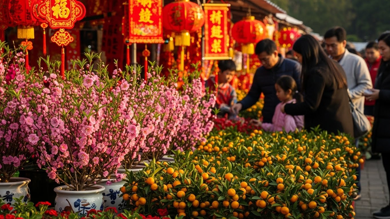 香港のビクトリアパークで開催される巨大な春節の花市（年宵市場）
