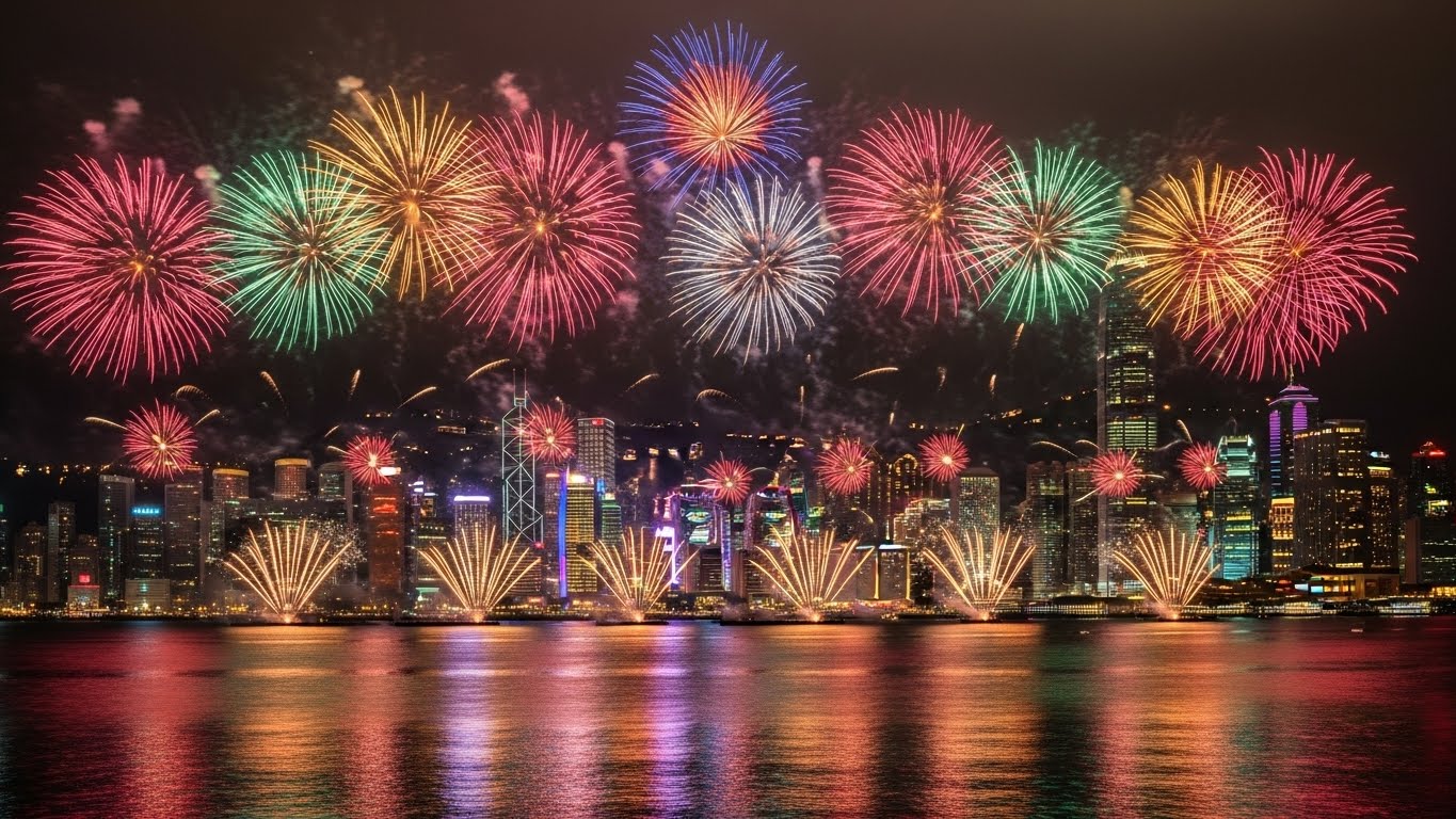 旧正月2日目、ビクトリアハーバーで打ち上げ花火