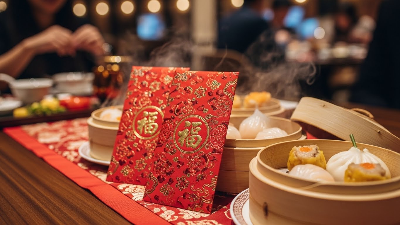 赤い祝儀袋（利是）と豪華な点心