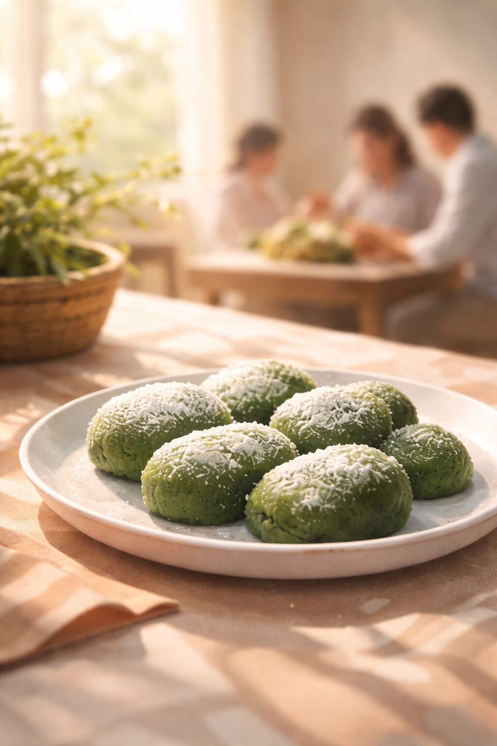 白い器に並ぶ緑のヨモギ餅