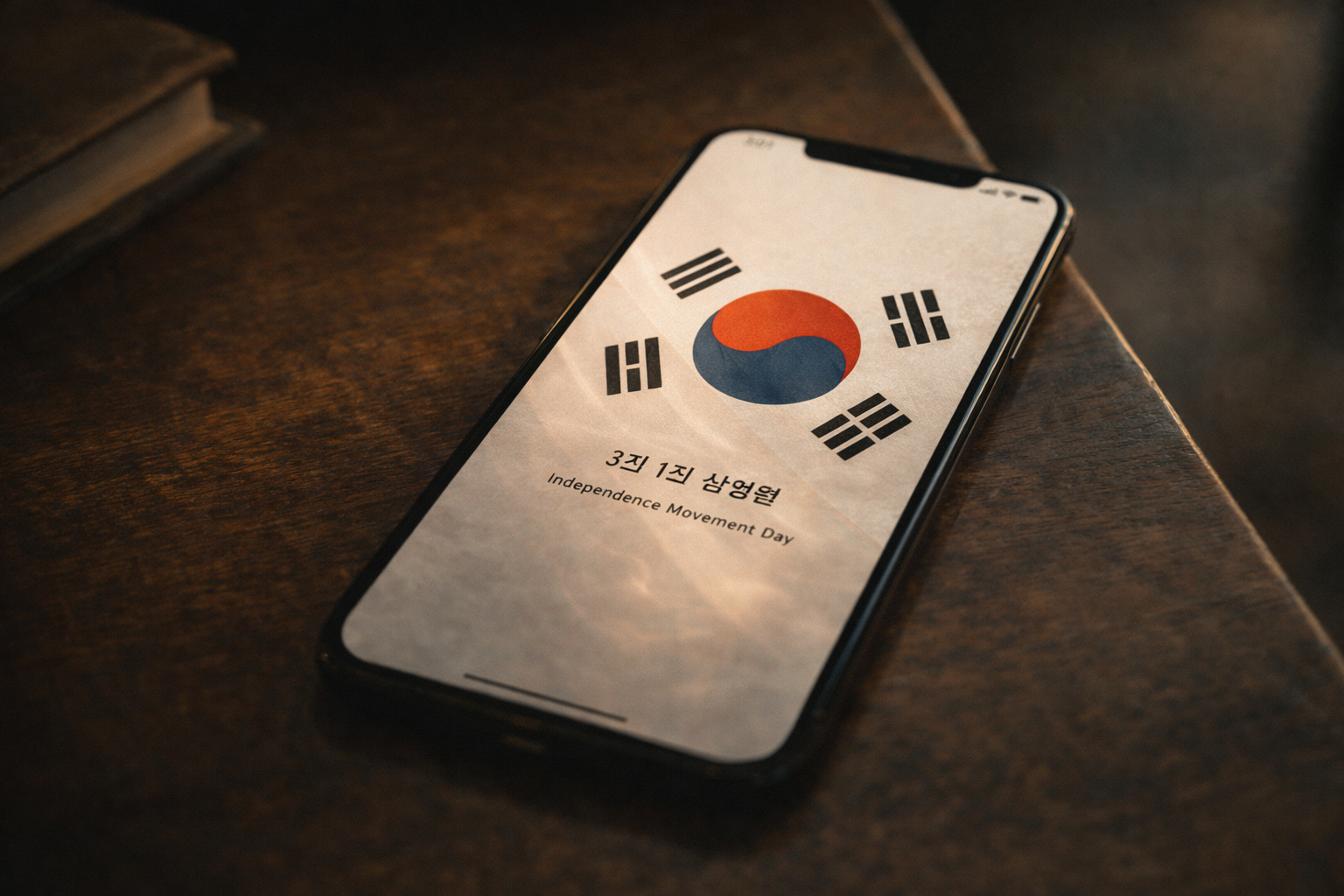 スマートフォンの画面に表示された、三一節を記念する洗練されたグラフィックアート