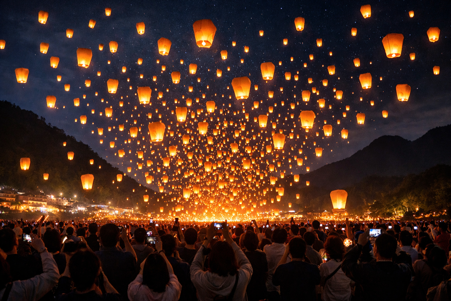 夜空を埋め尽くす天燈の大規模一斉打ち上げ光景
