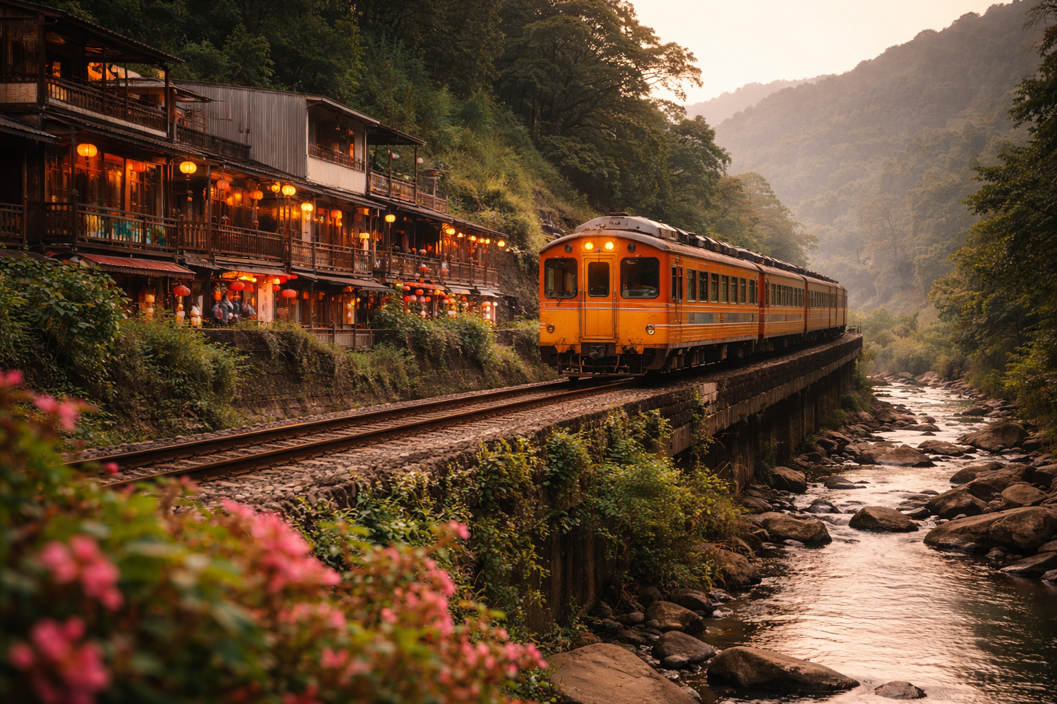 ノスタルジックな平渓線の列車と渓谷風景