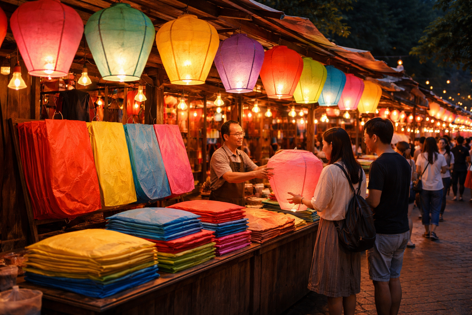 ：会場周辺の屋台やランタン販売風景