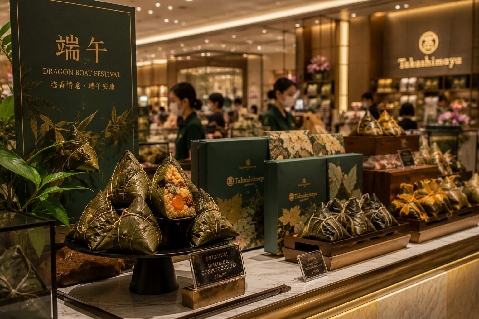 高級デパートに並ぶ華やかな粽ギフト。都市シンガポールらしい端午節の風景です。