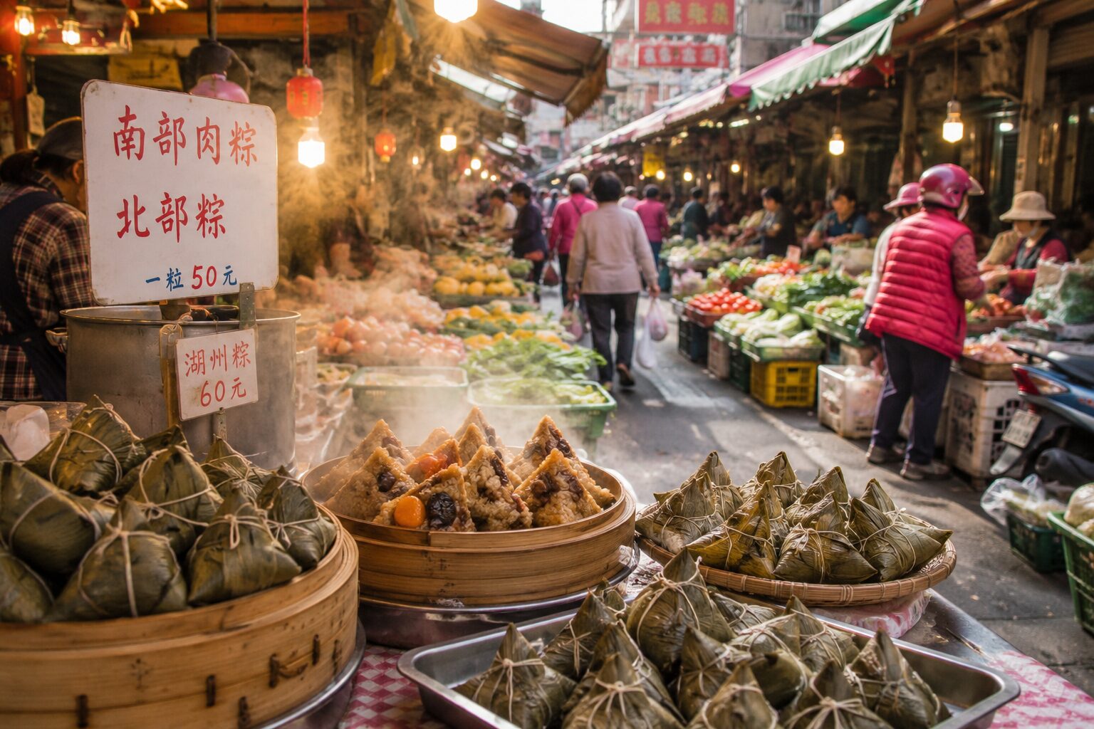 台湾の朝市場と粽の風景