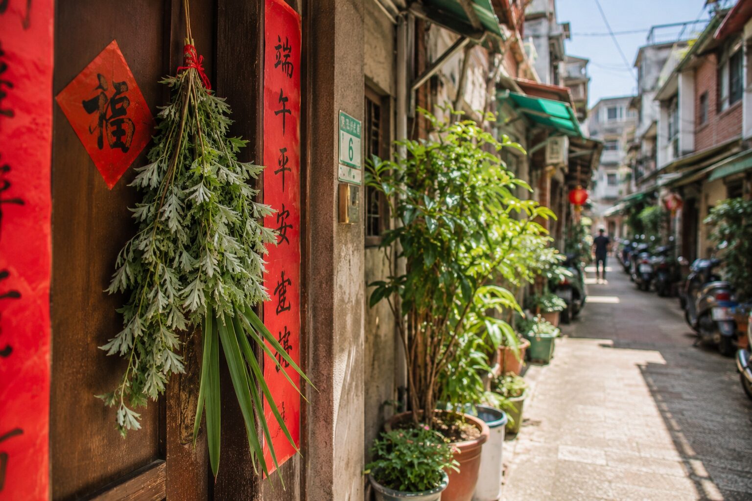 台湾の住宅街と艾草の風景