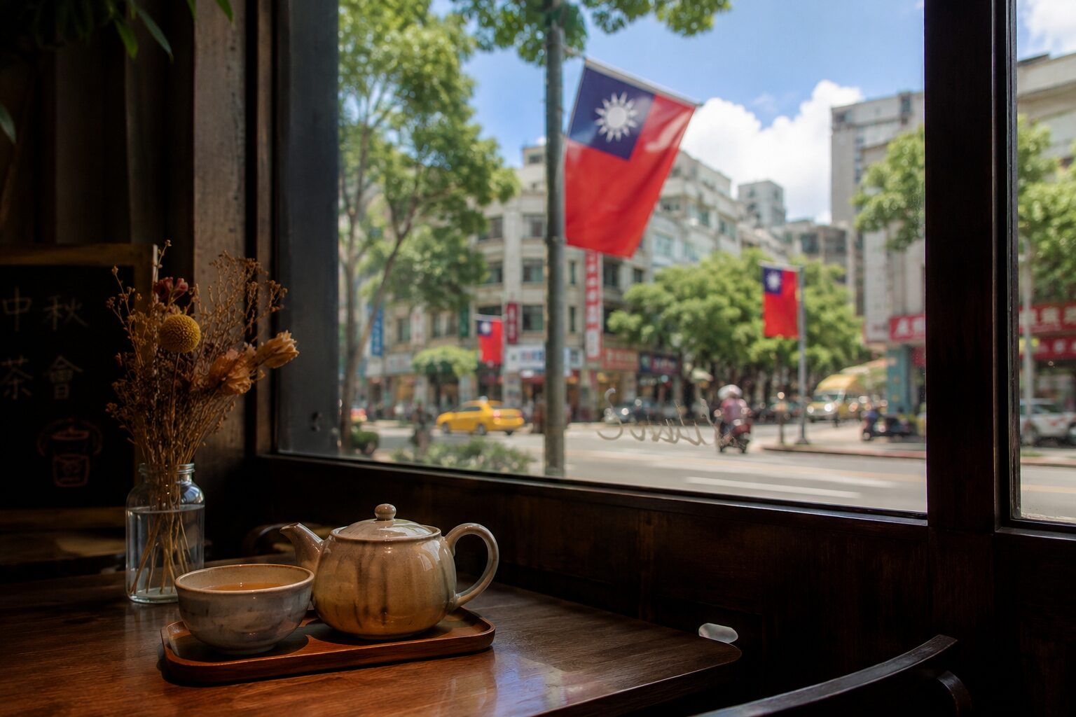 窓辺の一杯のお茶とともに、穏やかな祝日の街を眺める